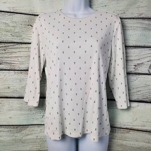 Christopher & Banks Women’s M White Navy Anchor Print 3/4 Sleeve Top 100% Cotton